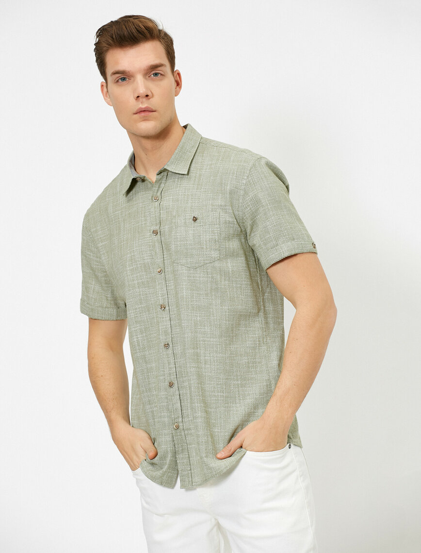 Tek Cepli %100 Pamuk Dokulu Kısa Kollu Slim Fit Gömlek - Fıstık Yeşili